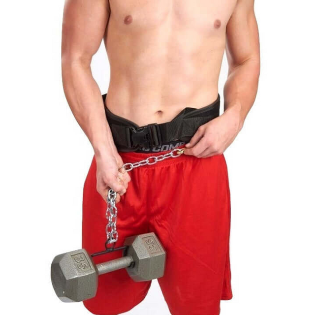 A shirtless person in red shorts demonstrates weighted triceps dips using the E-Z DIP BELT with a 35 lb dumbbell, showcasing expert loading technique.