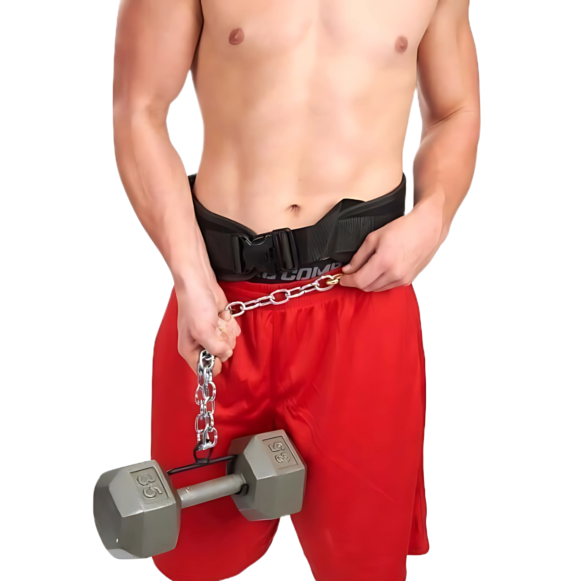 A man in red shorts wears an E-Z DIP Belt with Chain, Dumbbell Hook, and Universal Plate Holder, securing a dumbbell at his waist with the sturdy chain.
