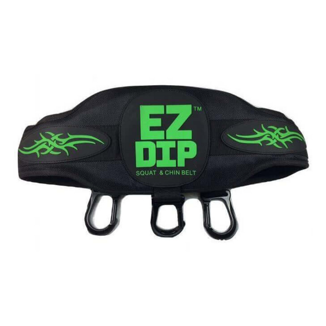 The E-Z DIP BELT with Chain, featuring a black belt with green "EZ DIP" text and tribal design, is perfect for weighted triceps dips and includes three metal hooks for secure dumbbell loading.