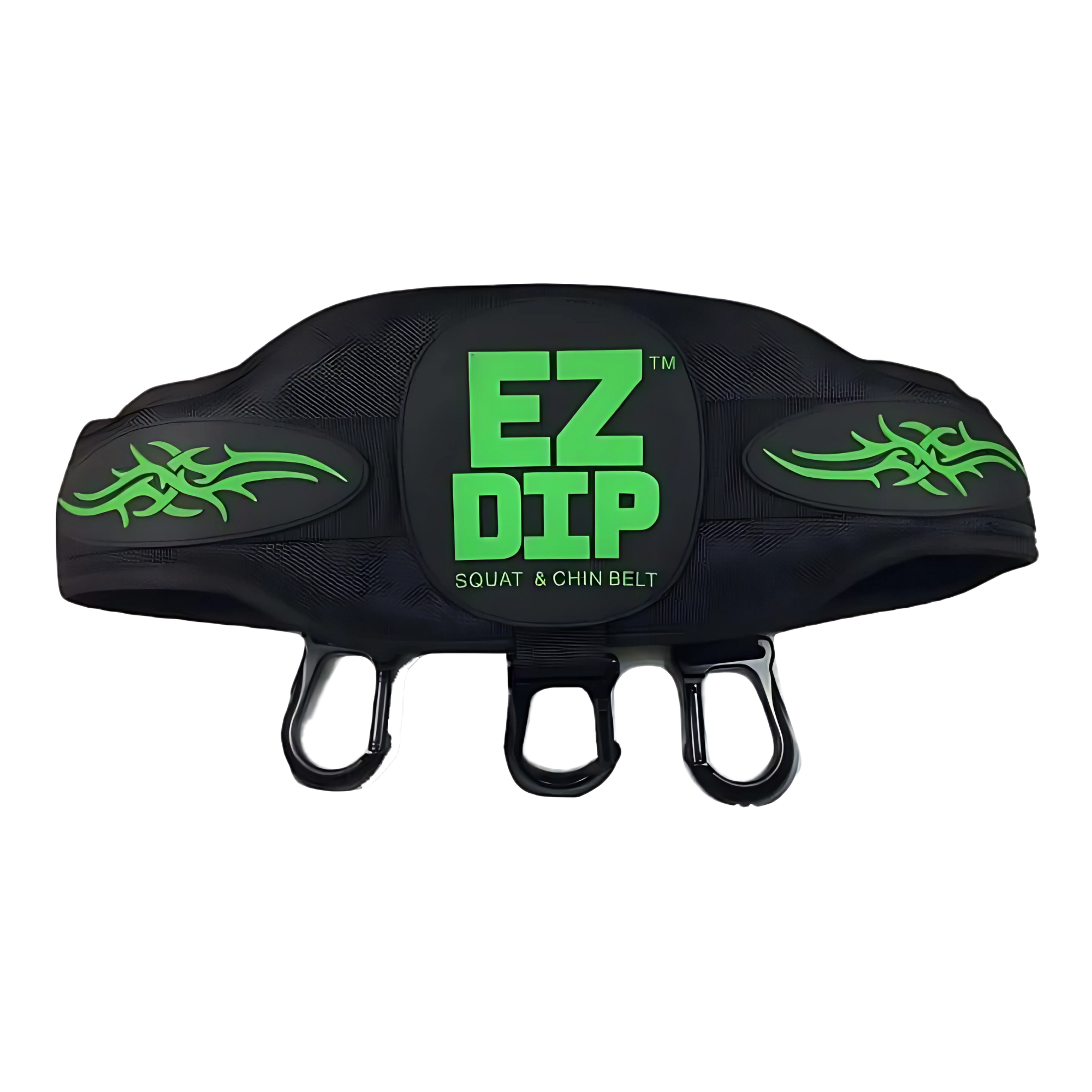 The E-Z DIP Belt with Chain, Dumbbell Hook, and Universal Plate Holder features black material with green text/designs and three hanging loops for easy dumbbell loading and fast weight changes during workouts.