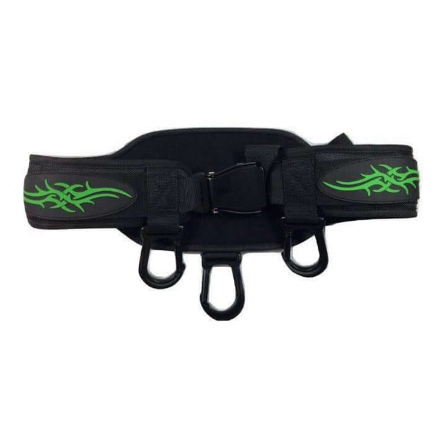 The E-Z DIP BELT with Chain, featuring a tribal design and three loops in black and green, is ideal for enhancing workouts like weighted triceps dips.