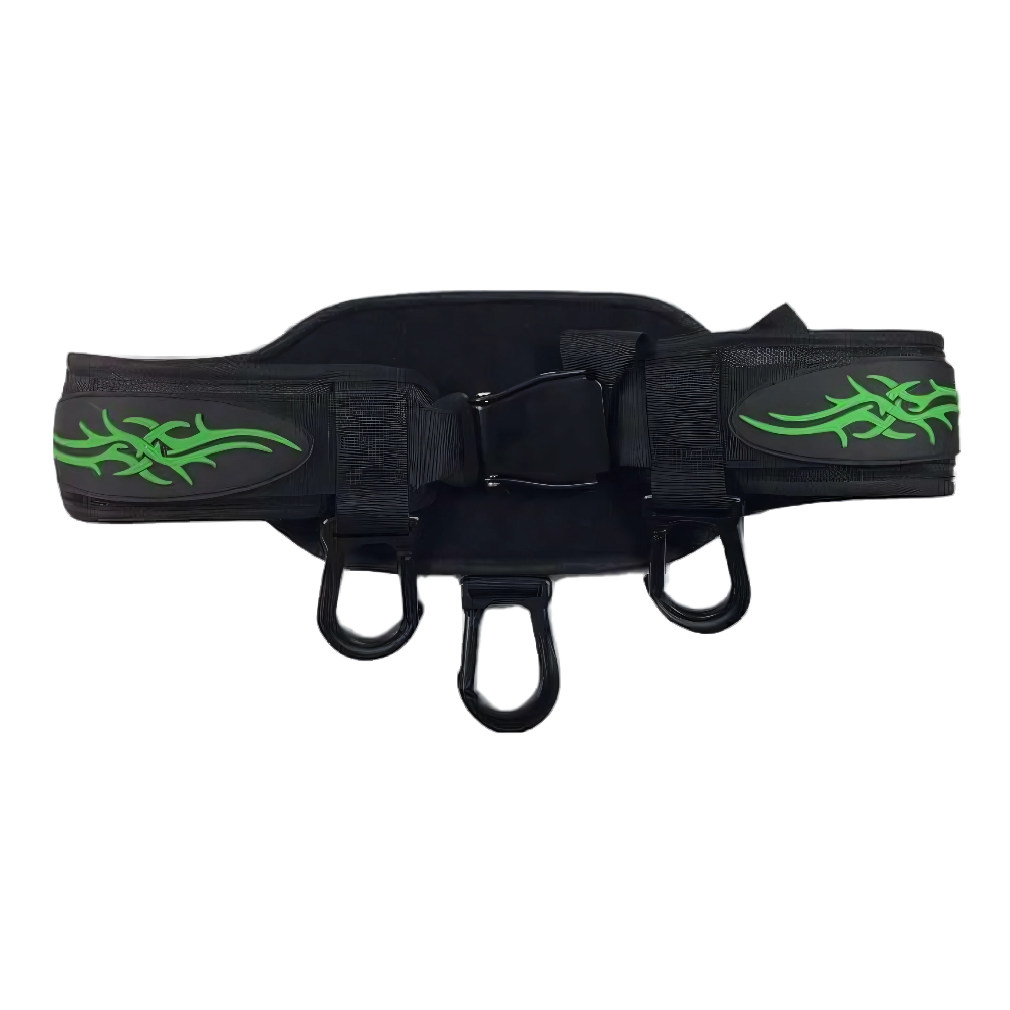 The E-Z DIP Belt with Chain, Dumbbell Hook, and Universal Plate Holder in black features green tribal designs and three black loops, making it perfect for sports or outdoor use with fast dumbbell loading for easy weight changes.