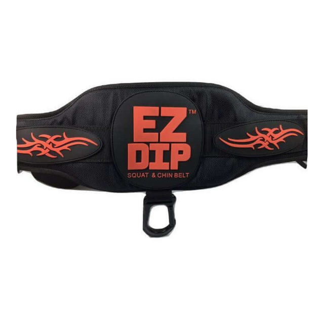 The black and red E-Z Dip Belt with tribal designs is ideal for dumbbell loading during weighted triceps dips.