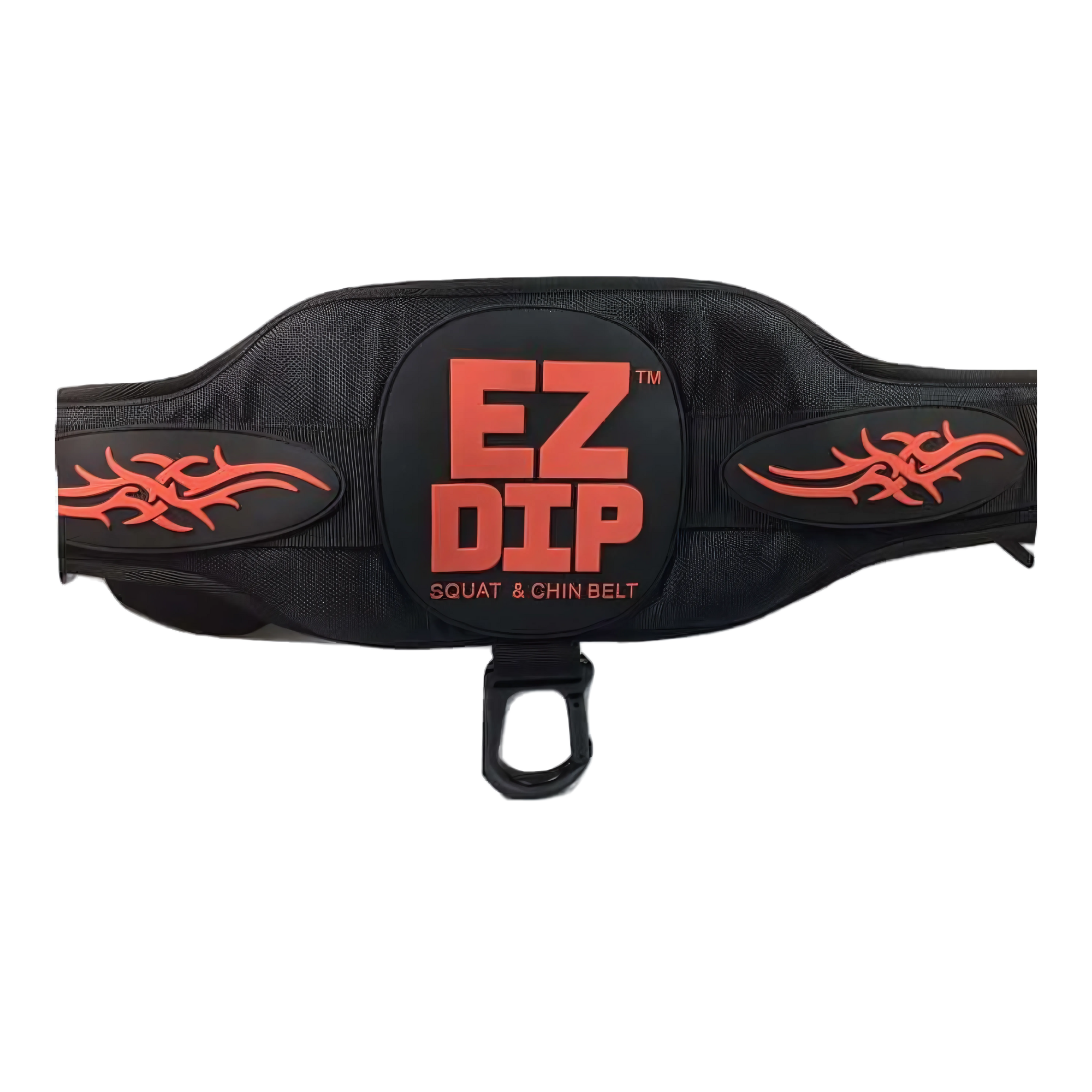 The E-Z DIP Belt with Chain, Dumbbell Hook, and Universal Plate Holder features bold "EZ DIP" on black with red tribal designs—perfect for easy dumbbell loading or fast weight changes during workouts.