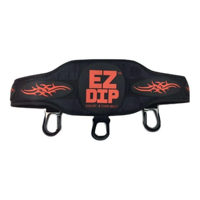 The black E-Z DIP BELT with red tribal designs features three metal hooks for weights and is ideal for weighted triceps dips.