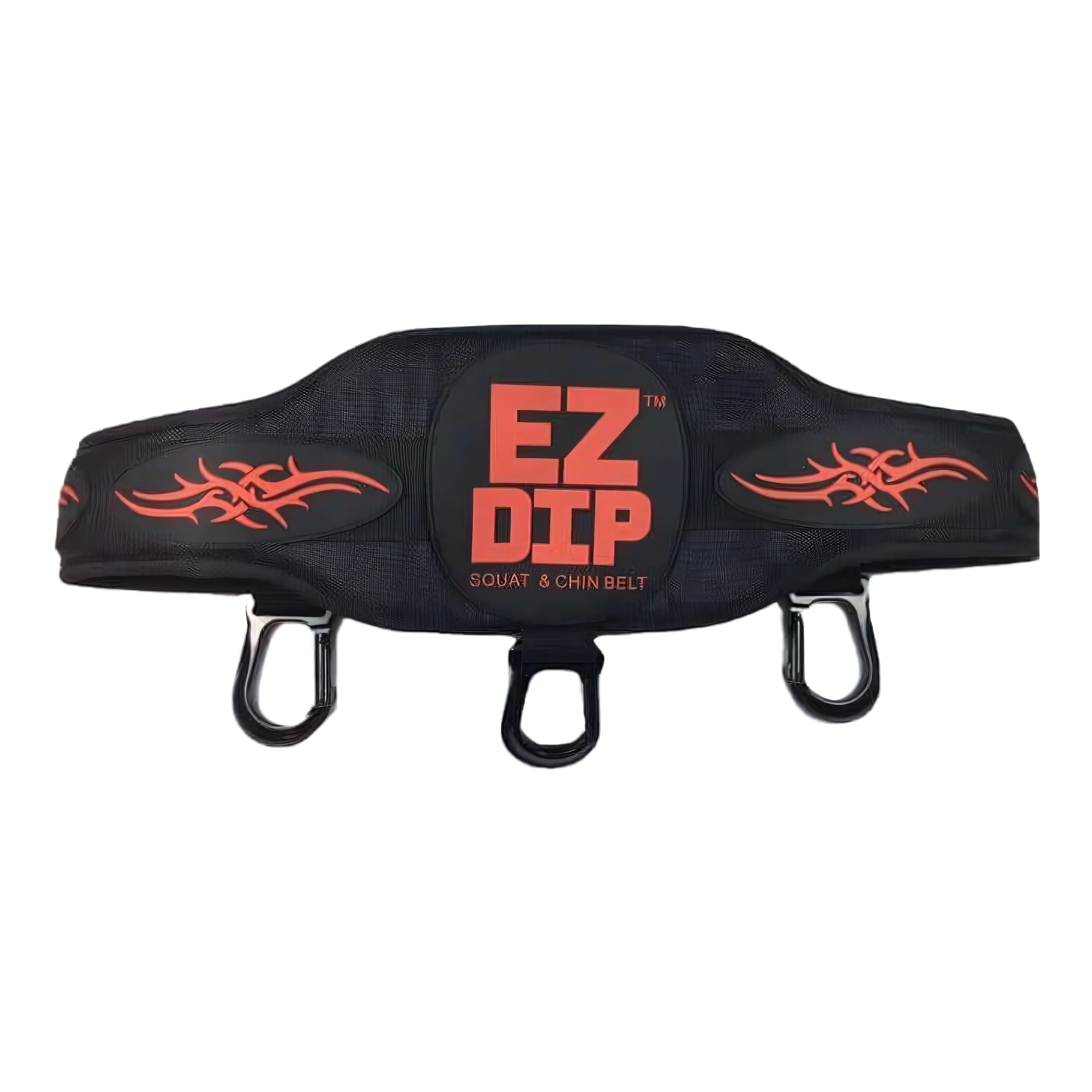 The E-Z DIP Belt with Chain, Dumbbell Hook, and Universal Plate Holder features bold red tribal designs, three metal loops for easy dumbbell loading, and is ideal for quick weight changes during your workouts.