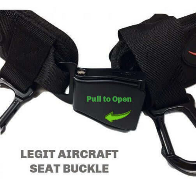 A black aircraft seat buckle prominently features "Pull to Open" with an arrow, offering nostalgia for frequent flyers. It reads "Legit Aircraft Seat Buckle," hinting at toughness similar to the E-Z DIP BELT's uncompromising grip in squatting and pull-ups.