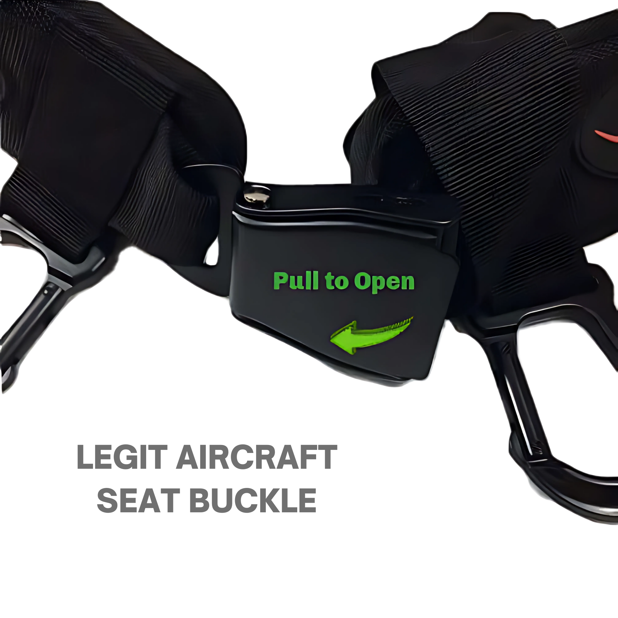 Black aircraft seat buckle with green arrow and "Pull to Open" text; caption: "LEGIT AIRCRAFT SEAT BUCKLE"—ideal for secure Dumbbell Loading or tracking weight changes with the E-Z DIP Belt with Chain, Dumbbell Hook & Universal Plate Holder.