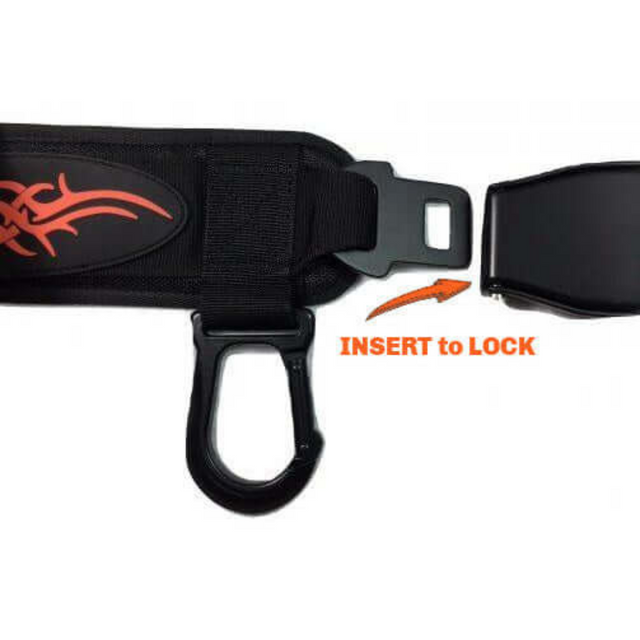 The E-Z DIP BELT with Chain is a black squat belt featuring a tribal design and carabiner, accented with an arrow pointing to a buckle labeled "INSERT to LOCK." It's ideal for weighted triceps dips and dumbbell loading exercises.