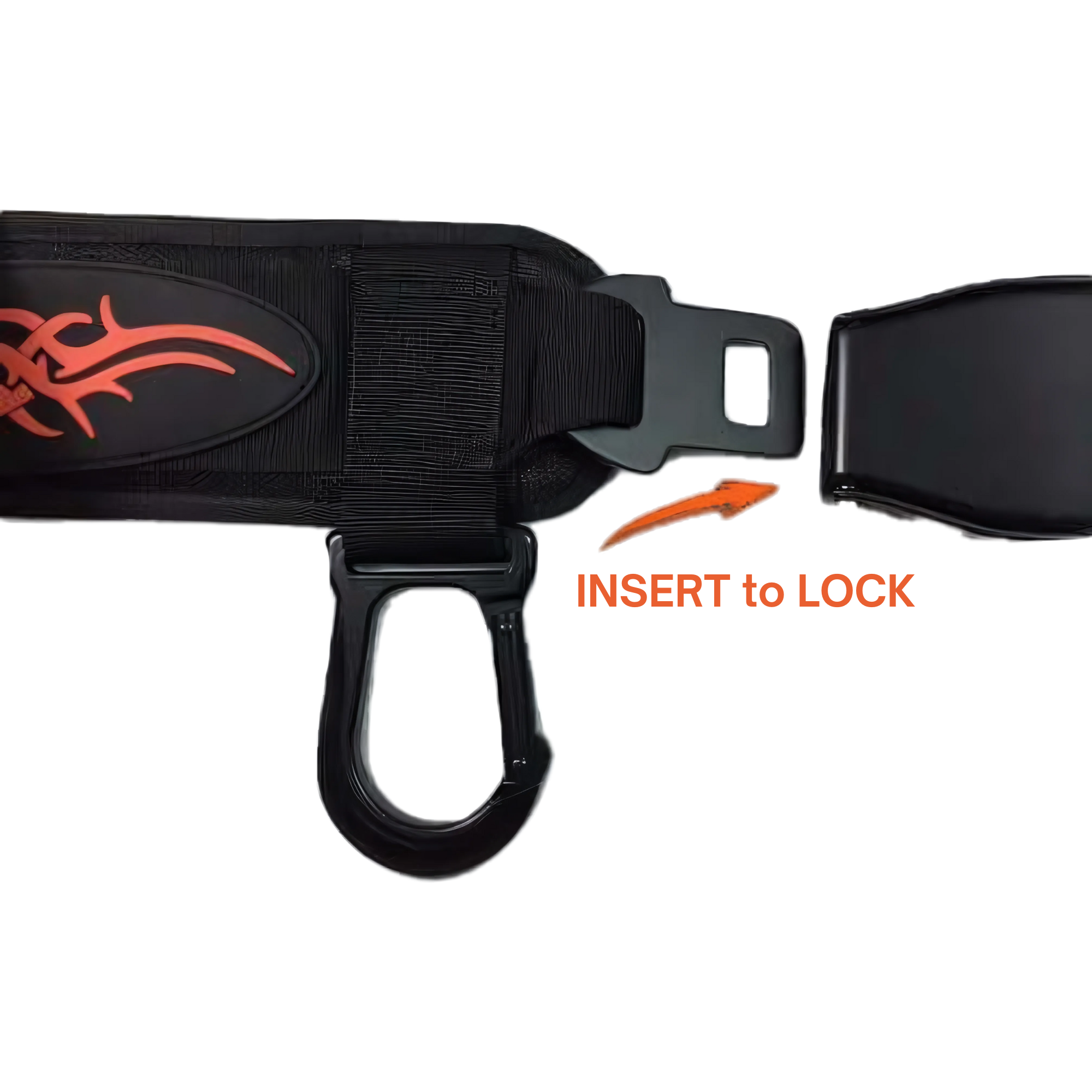 The E-Z DIP Belt with Chain, Dumbbell Hook, and Universal Plate Holder features a black strap with tribal design, metal buckle with insert/lock arrow—ideal for quick dumbbell loading and easy weight adjustments.