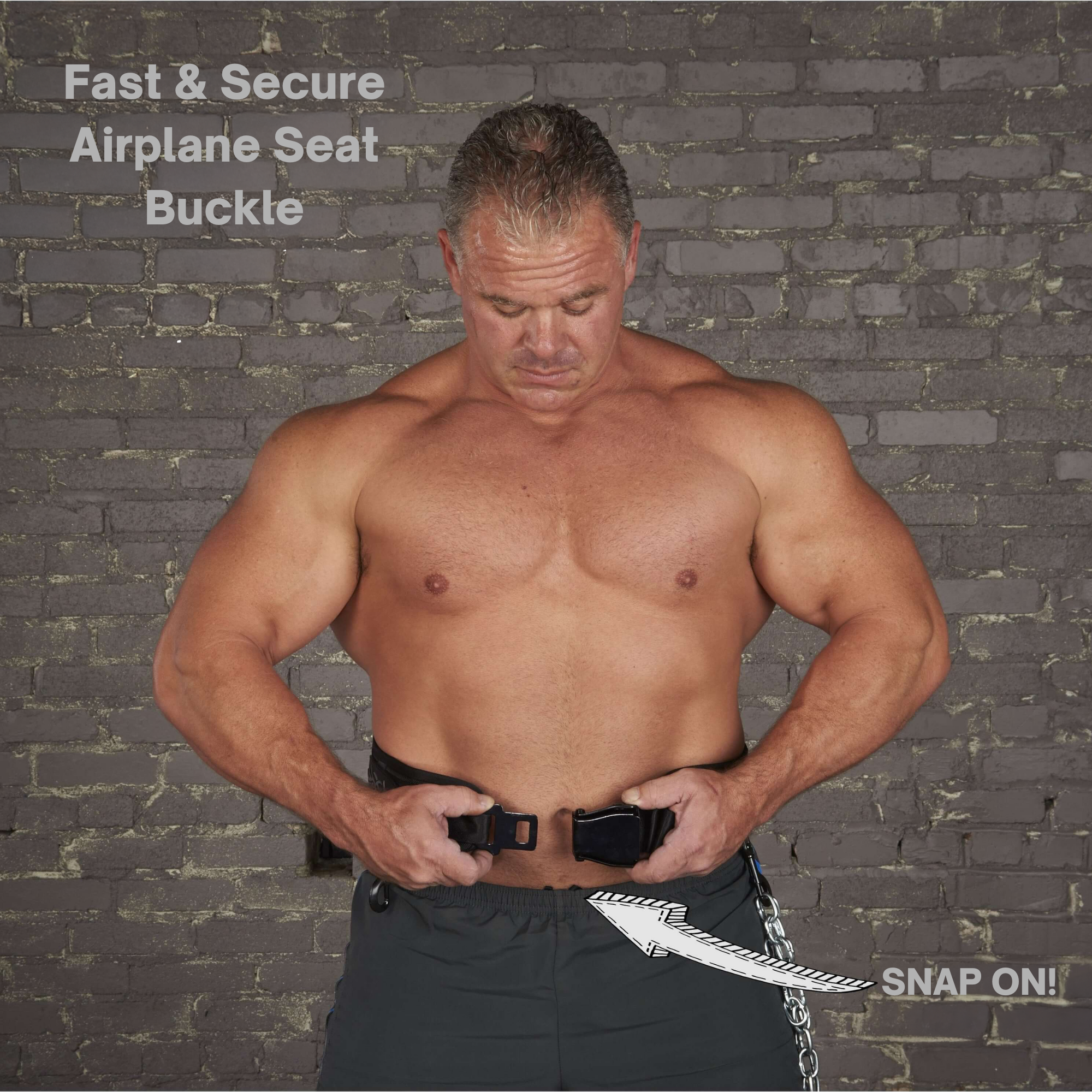 Shirtless man buckling a black belt with "E-Z DIP Belt with Chain, Dumbbell Hook and Universal Plate Holder" text above—ideal for users needing adjustable comfort during weight changes or seeking extra support.