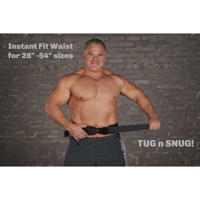A bodybuilder, using the E-Z DIP BELT with Chain, leans against a brick wall with "Instant Fit Waist" and "TUG n SNUG!" text, ready for weighted triceps dips and dumbbell loading effortlessly.