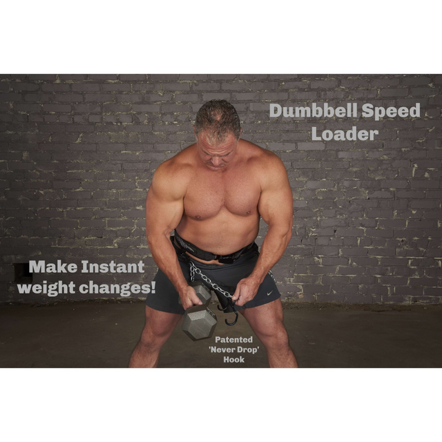 In a gym with a rustic brick wall, a man expertly adjusts the dumbbell loading setup using an E-Z DIP BELT with Chain, PULL UP and BELT SQUAT Belt.