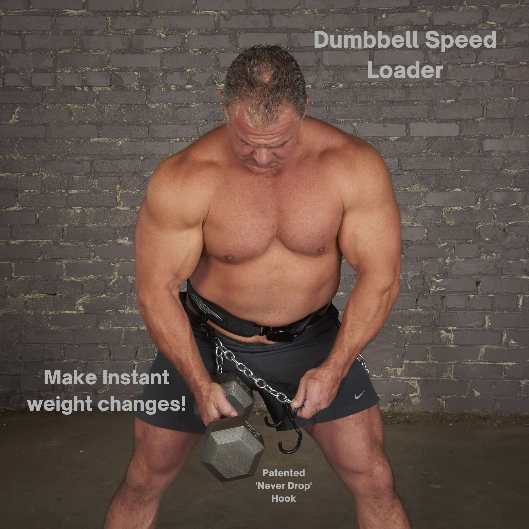Muscular man using the E-Z DIP Belt with Chain, Dumbbell Hook, and Universal Plate Holder against a gray brick wall, demonstrating quick weight changes with instructional text.