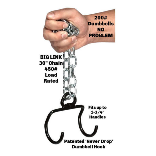 A hand holds the E-Z DIP BELT with a sturdy chain, featuring dumbbell hooks perfect for squat belts and weighted triceps dips, optimized for dumbbell loading.