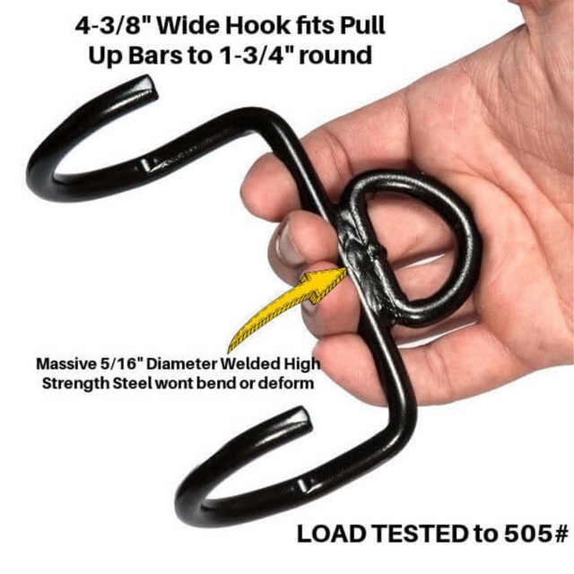 A hand holds the E-Z DIP BELT with Chain, perfect for pull-up bars and weighted triceps dips, load tested to 505 pounds.