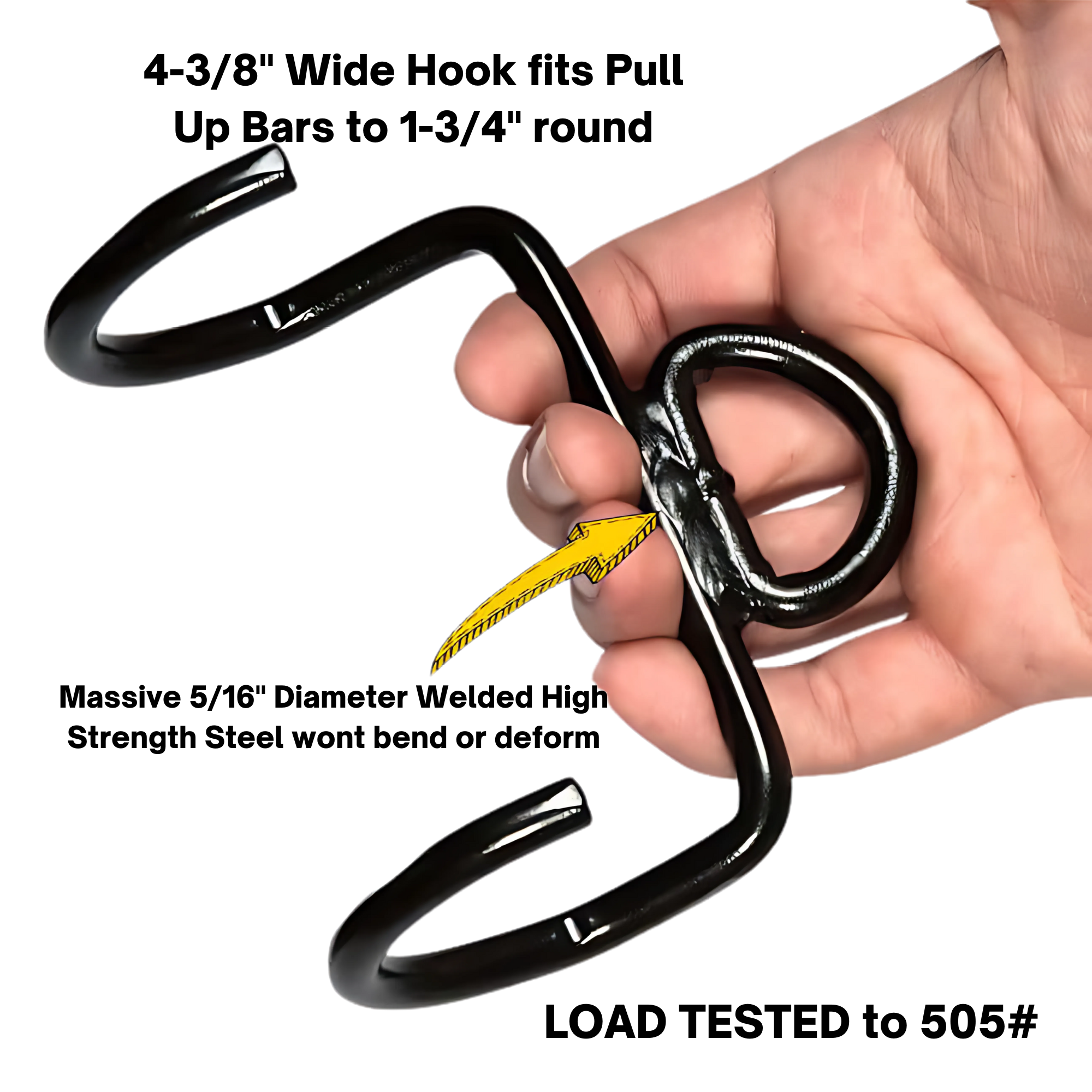 A hand holds the E-Z DIP Belt with Chain, Dumbbell Hook, and Universal Plate Holder, with a yellow arrow showing a twisting motion to illustrate easy weight adjustments.