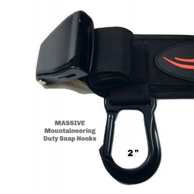 The E-Z DIP BELT with Chain features a large mountaineering snap hook and heavy-duty buckle, ideal for weighted triceps dips. This versatile accessory, labeled "MASSIVE Mountaineering Duty Snap Hooks," doubles as a squat belt, ensuring secure dumbbell loading during intense workouts.