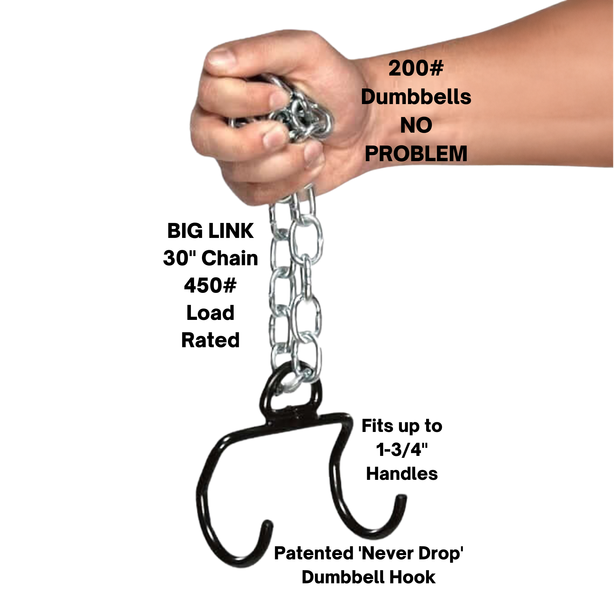 A hand grips a chain with a metal hook; text reads, "E-Z DIP Belt with Chain, Dumbbell Hook and Universal Plate Holder—200lb Dumbbells NO PROBLEM." Perfect for seamless dumbbell loading and heavy lifts.