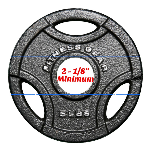 The 5 lb "EZ SQUAT Combo Pac" weight plate has a labeled central hole size of 2-1/8" minimum, making it a great addition to your Olympic weight plates set for glute exercises.