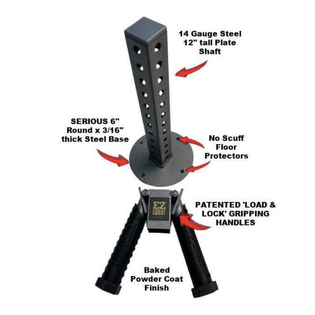 EZ SQUAT Combo Pack includes a weight plate shaft with handles and base, featuring attributes like steel gauge, protectors, and finish for glute exercises.