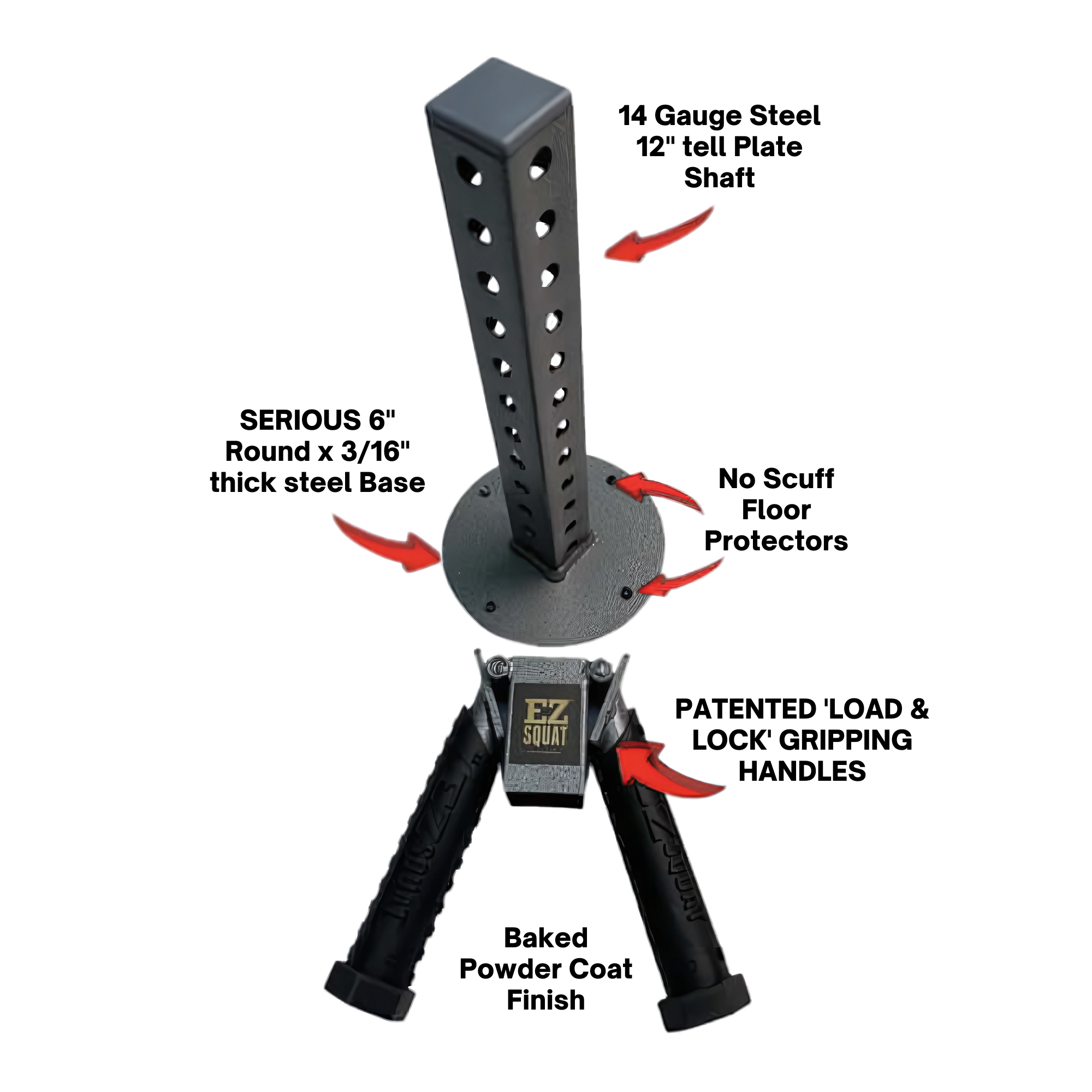 Black EZ SQUAT Combo Pac Free Weight Glute Exercises Handles with arrows showing adjustable mechanisms, labeled handles, and compatible with dumbbells or Olympic weight plates.