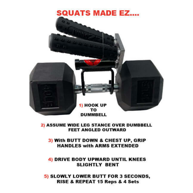 Explore the EZ SQUAT Combo Pac, featuring a guide to mastering free weight glute exercises with detailed steps and perfect form instructions shown above the image.