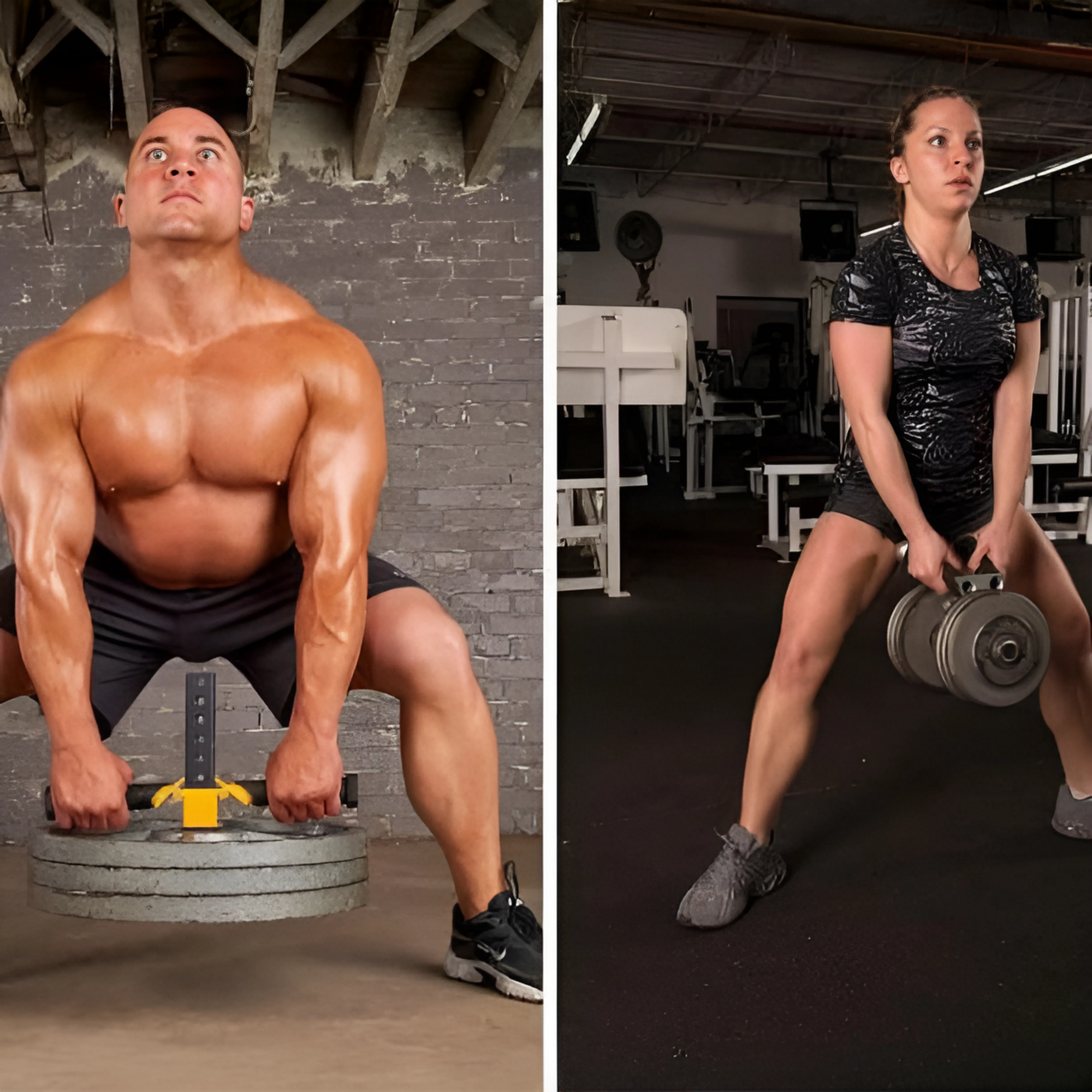 Two people, a man and a woman, perform deadlifts in the gym using the EZ SQUAT Combo Pac Free Weight Glute exercises handles for their workout.