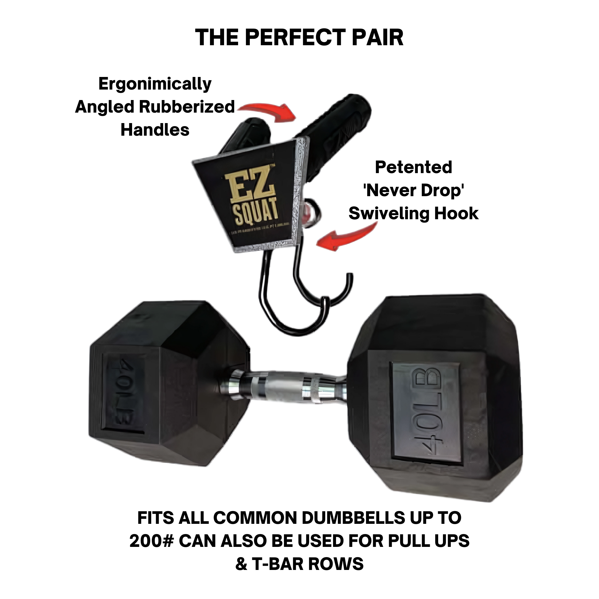 A black EZ SQUAT Combo Pac Free Weight Glute exercises handle with red arrows rests atop a 40 lb hex dumbbell on a white background, showcasing its compatibility with both dumbbells and Olympic weight plates.