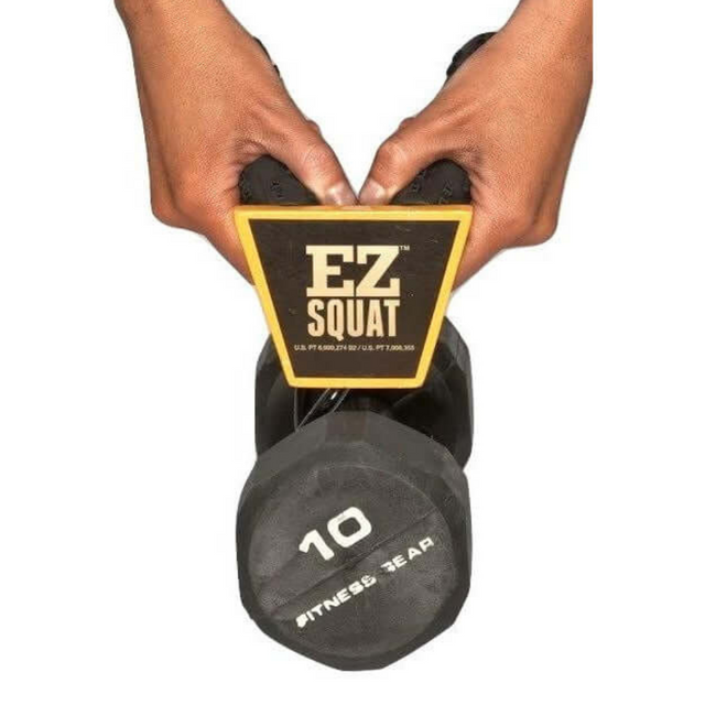 Hands securely grip a 10-pound dumbbell with a vibrant yellow EZ SQUAT Combo Pac Free Weight Glute Exercises handle, turning your workout into an ergonomic powerhouse.