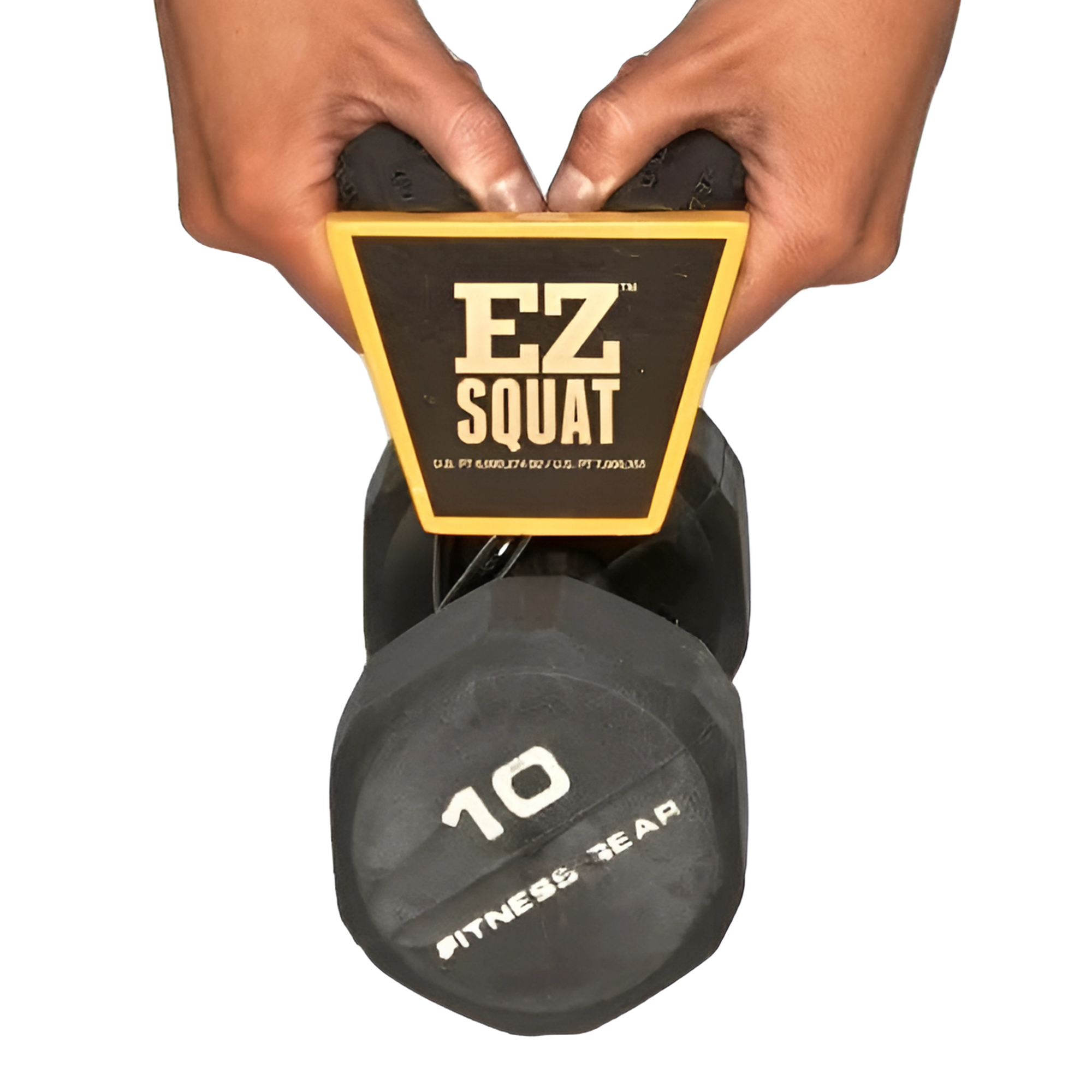 Hands holding EZ SQUAT Combo Pac Free Weight Glute Exercises Handles attached to a 10 lb Fitness Gear dumbbell, viewed from above. Compatible with dumbbells and Olympic weight plates for versatile strength training.