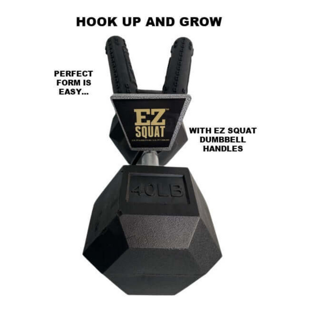 Achieve perfect form with EZ SQUAT Combo Pac handles, effortlessly paired with a 40 lb hex dumbbell. These compact tools offer versatility akin to Olympic weight plates, making them essential for dedicated strength training enthusiasts.