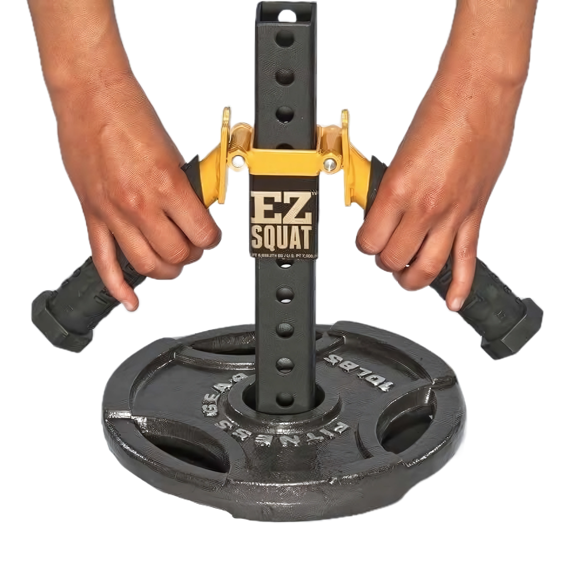 Two hands grip handles on the EZ SQUAT Combo Pac, a free weight glute exercise device shown with an Olympic Weight Plate at its base.