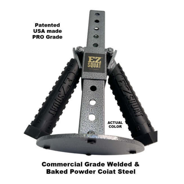 The EZ SQUAT Combo Pac offers black handles and a sleek grey metal frame, showcasing USA-made quality. It's perfect for your Olympic weight plates, making it an ideal enhancement to your fitness routine.