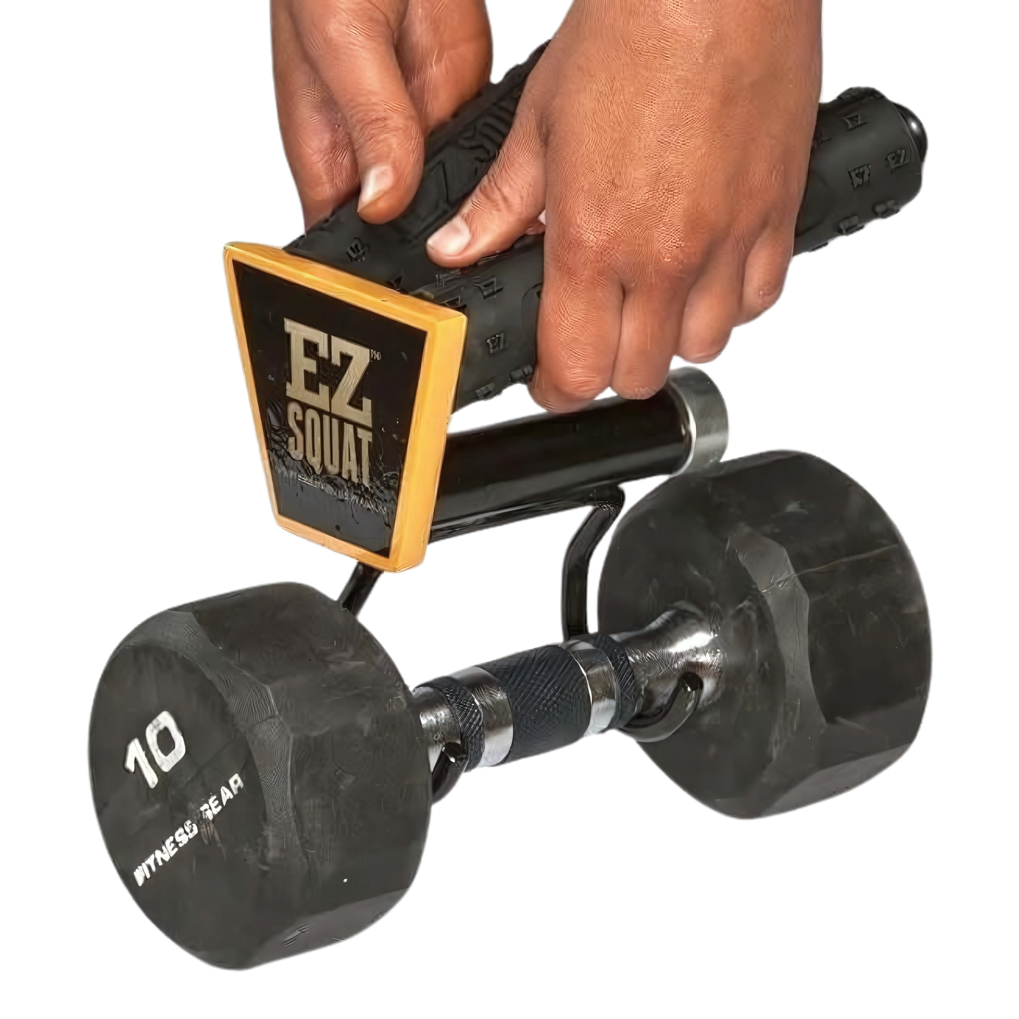 Hands attaching the EZ SQUAT Dumbbell Gym Equipment for Legs Squat Handles to a 10-pound hex dumbbell—ideal for adding versatility to squats in your fitness routine or classes.