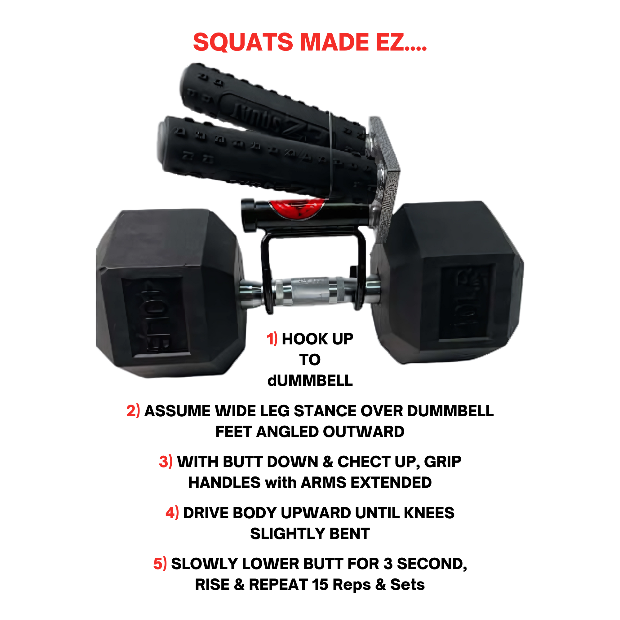 The EZ SQUAT Dumbbell Gym Equipment for Legs Squat Handles features a “SQUATS MADE EZ…” label with a blank numbered list below—perfect for tracking squat progress or planning fitness classes using its innovative handles.