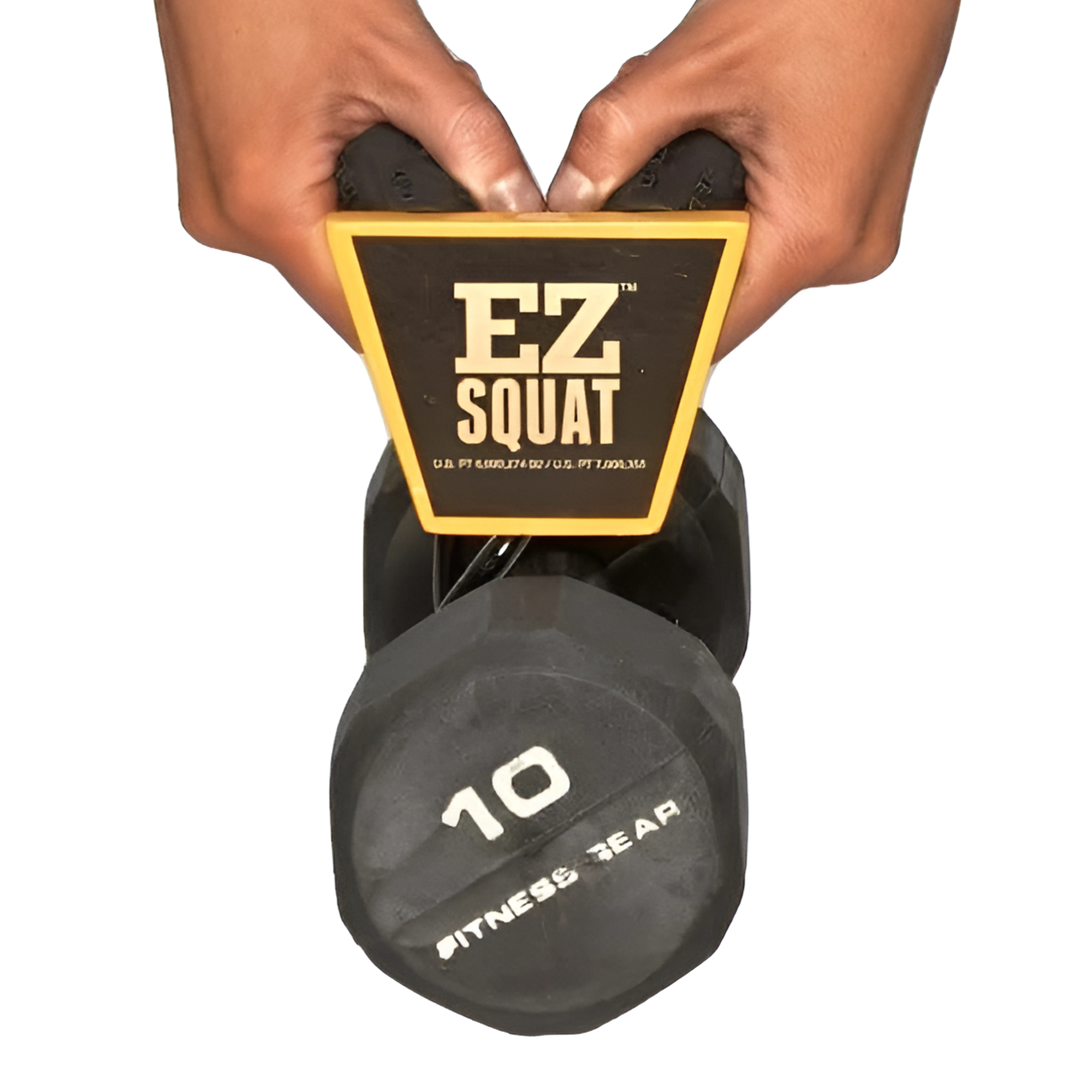 Two hands grip an EZ SQUAT Dumbbell Gym Equipment for Legs Squat Handle, with a dumbbell hook attached to a 10 lb FITNESS GEAR dumbbell.