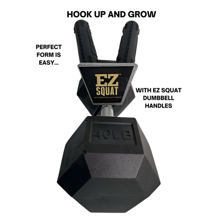 The EZ SQUAT Dumbbell Gym Equipment for Legs Squat Handles pairs with a 40-lb hex dumbbell and features two upright grips—perfect for squats and strength training at home or in fitness classes.