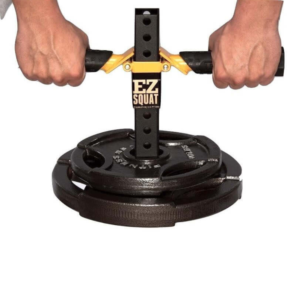 Using the EZ SQUAT Handles System with Olympic weight plates is perfect for any home gym setup.