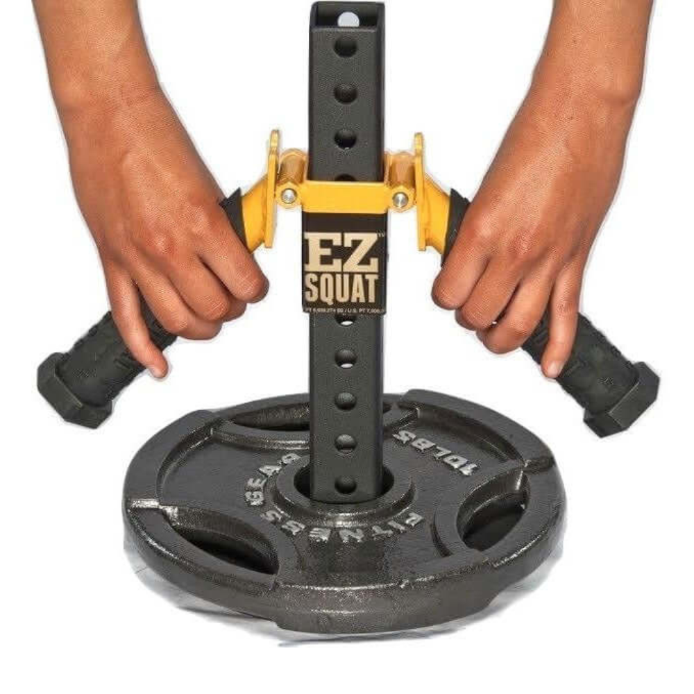 Hands gently adjusting the EZ SQUAT Handles System Squat Machine Attachment connected to an Olympic Weight Plate, all set against a pristine white background—perfect for any home gym.