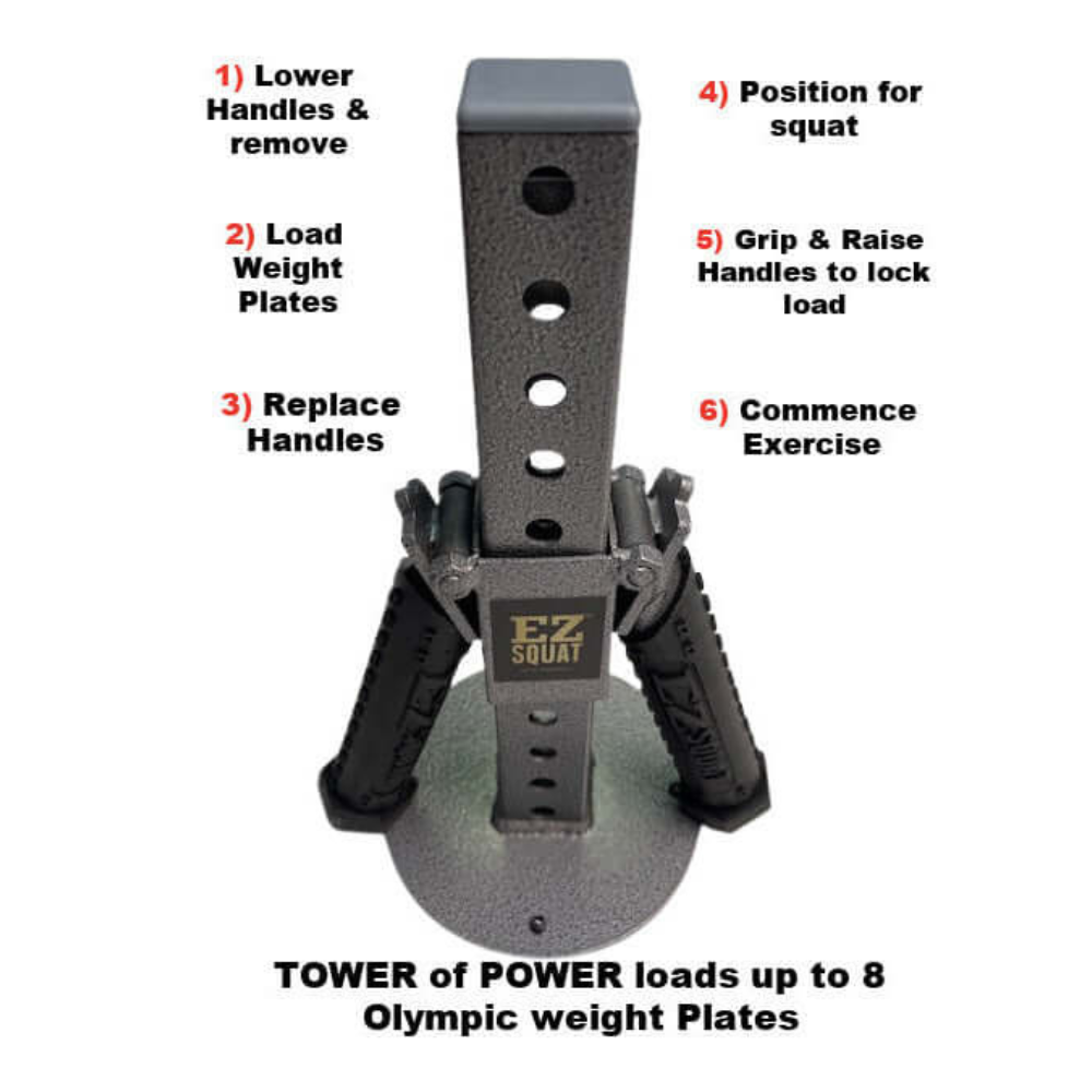 The "TOWER of POWER" is a black and gray squat weight holder for your home gym designed for use with Olympic Weight Plates. The EZ SQUAT Handles System attachment enhances your fitness routine and comes with instructions.