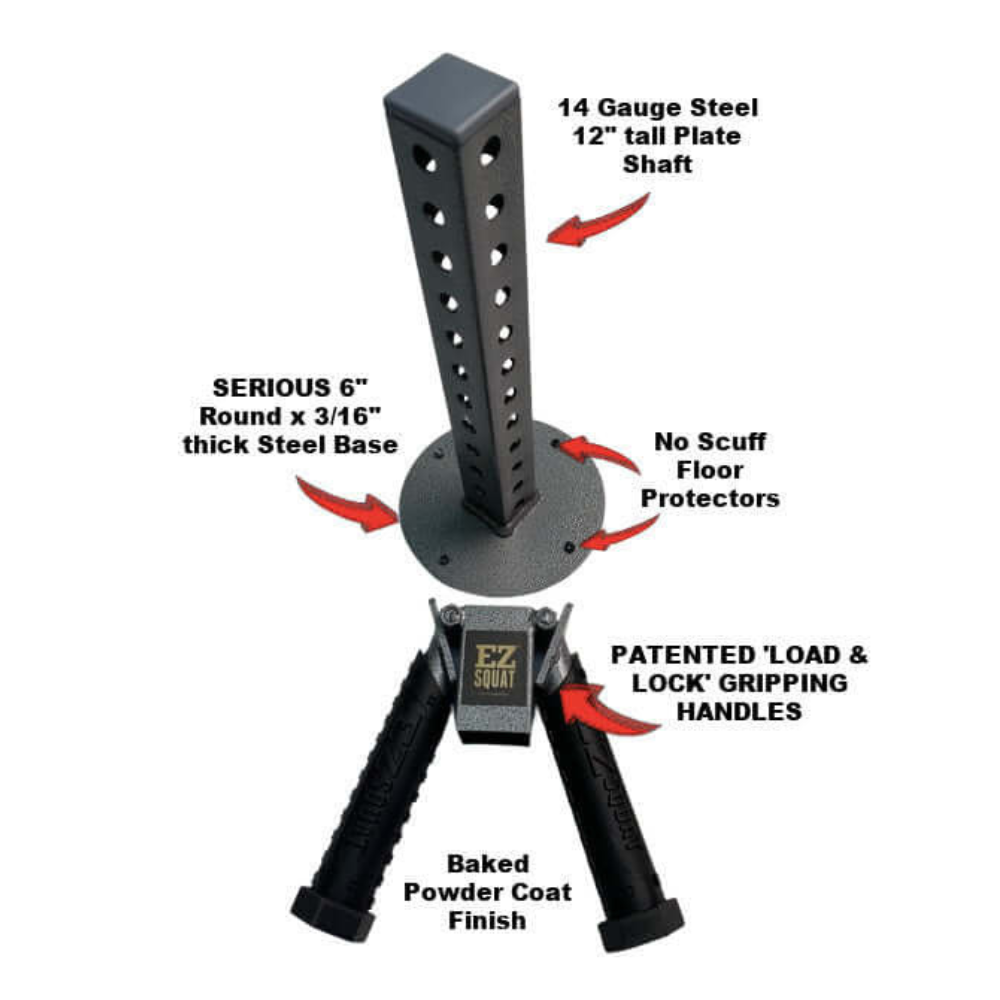 Enhance your home gym with the EZ SQUAT Handles System Squat Machine Attachment, featuring grips and a vertical steel plate for durability and protection, complemented by durable Olympic Weight Plates.