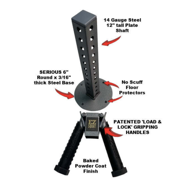 Enhance your home gym with the EZ SQUAT Handles System Squat Machine Attachment, featuring grips and a vertical steel plate for durability and protection, complemented by durable Olympic Weight Plates.