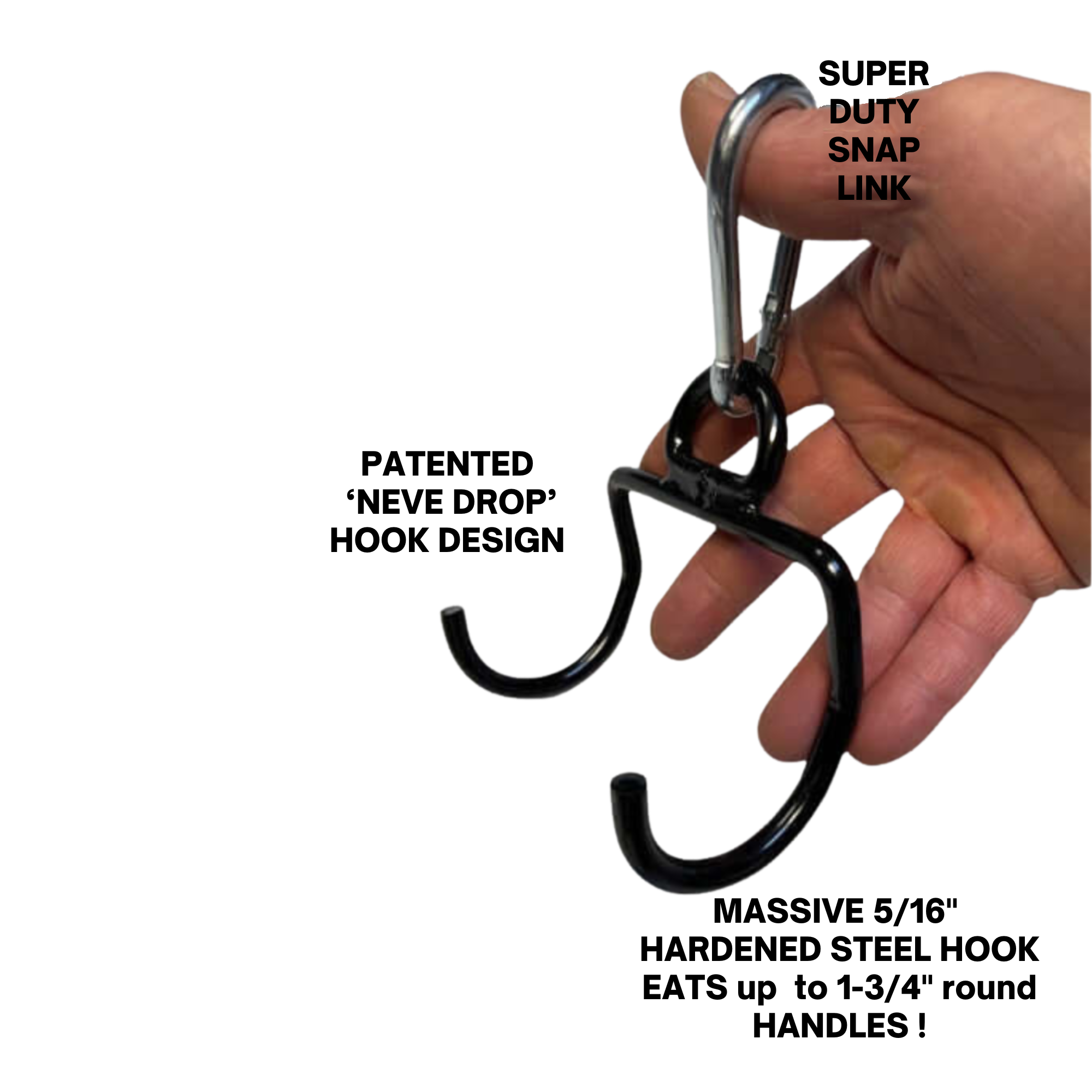 Hand gripping the GRIP FREAK Fat Grip Wrist Roller Forearm Workout Tool - Plate Holder with black double hook, ideal for forearm exercises, isolated on a black background.