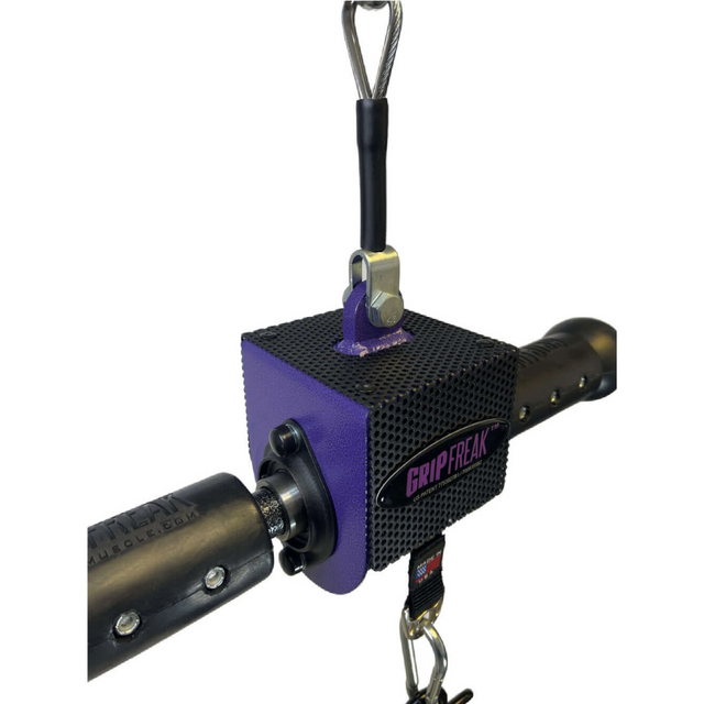 The GRIP FREAK Fat Grip WRIST ROLLER in vibrant purple and black has metal hooks and attachments, ideal for boosting your crushing grip torque.