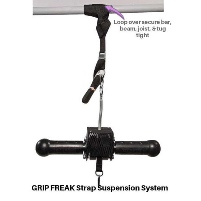 The GRIP FREAK Fat Grip WRIST ROLLER Forearm Workout Tool with strap suspension and handle easily loops over a bar, enhancing your exercise and maximizing grip torque.