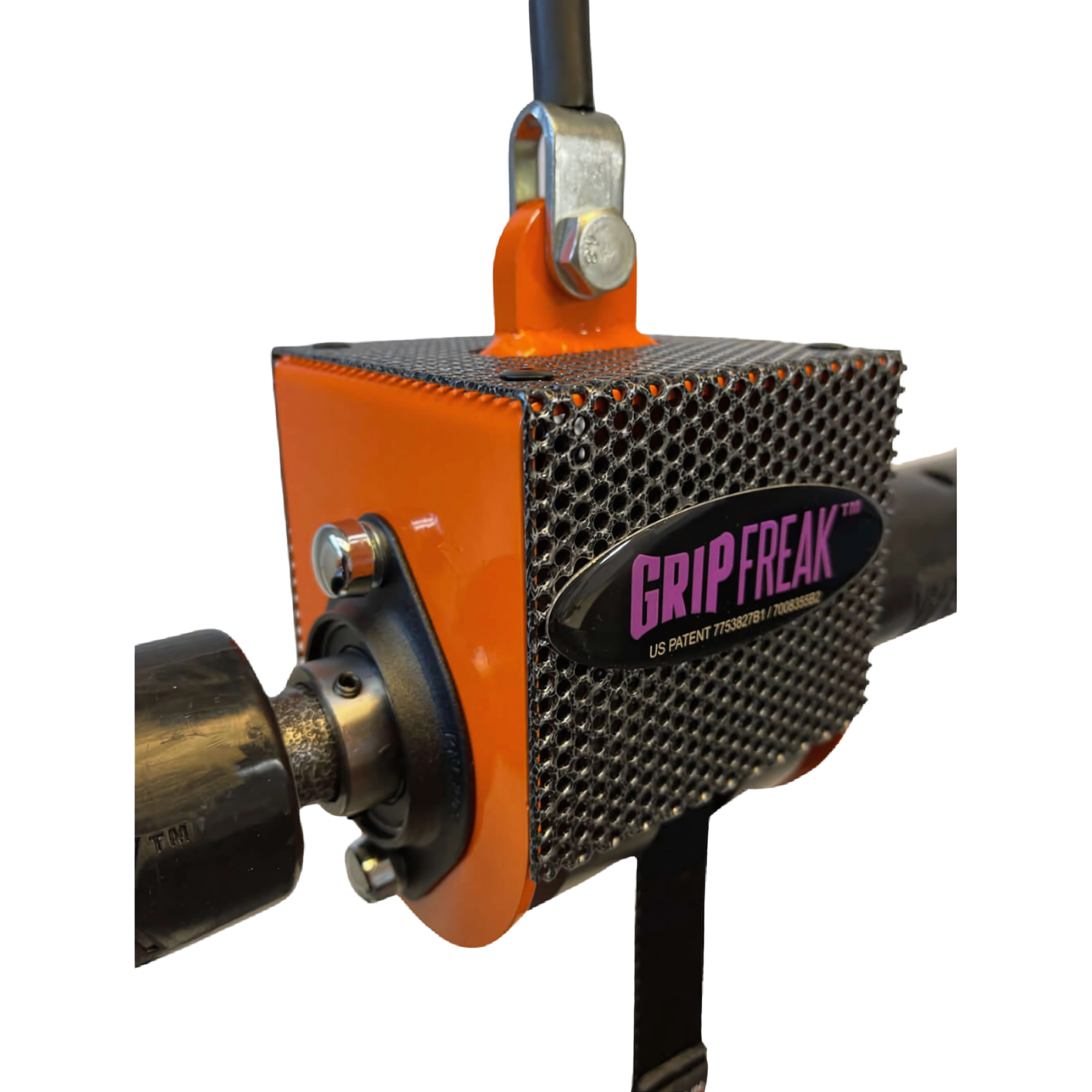 Close-up of the GRIP FREAK Fat Grip Wrist Roller Forearm Workout Tool - Plate Holder, showcasing its sturdy metal mesh surface and bold orange side panel for powerful forearm exercises.