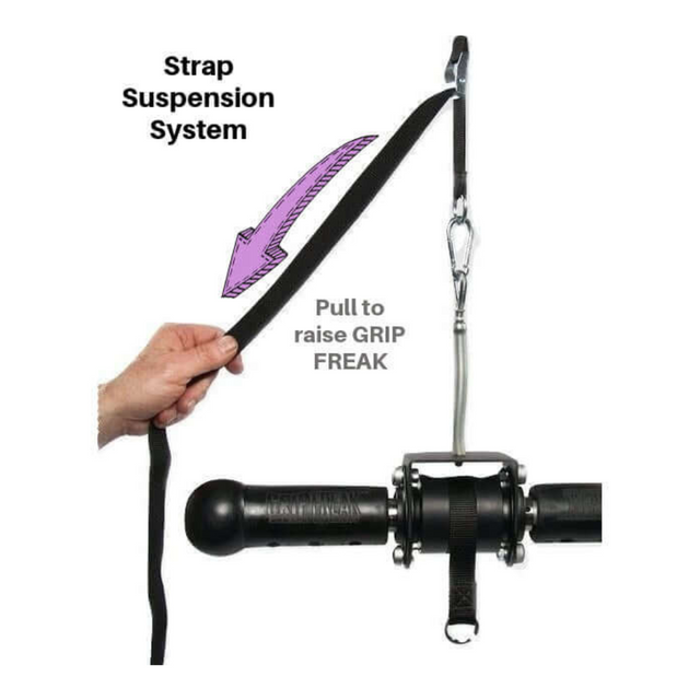 The GRIP FREAK Fat Grip WRIST ROLLER is grasped by a hand ready to activate the "Strap Suspension System." By pulling and lifting, this system enhances grip torque, boosting strength and control.