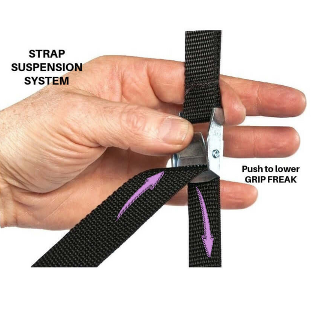 Close-up of a hand adjusting a black strap with metal clasp, like those on the GRIP FREAK Fat Grip WRIST ROLLER Forearm Workout Tool, showing arrows for optimal strap direction.