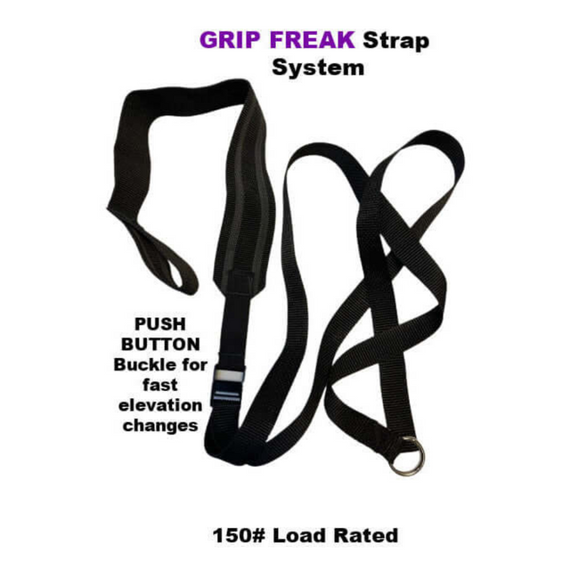 The GRIP FREAK Fat Grip WRIST ROLLER Forearm Workout Tool includes a black strap with a buckle and ring, rated for 150# loads. Ideal for serious training, it enhances crushing grip torque in your wrist roller routine.